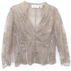 Byron Lars Sheer lace top 8 Gold Tan Deep V-neck Corset style Beauty Mark Blouse